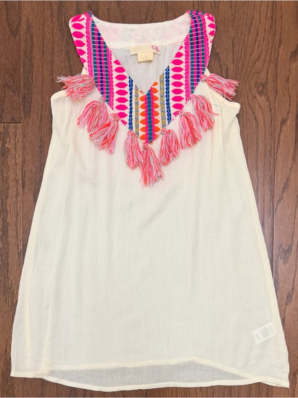 GB girls Cream Tunic Dress Swim Coverup with Pink Tassel Embroidered V-Neck